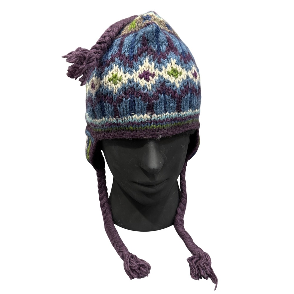 Everest Designs Earflap Beanie OS Purple Wool Fleece Lined Fair Isle Nepal